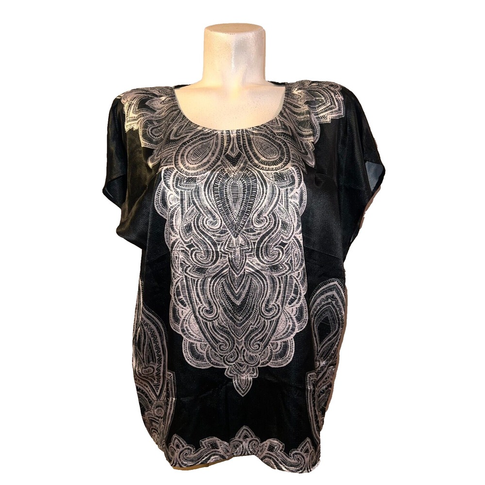Chicos Travelers Collection Black Silver Paisley Medallion Satin Blouse Sz XL 3